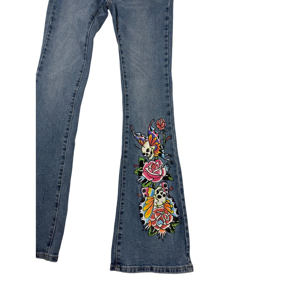 Ed Hardy Y2K Low Rise Flare Jeans Womens 26 Skull Rose Tattoo Graphic Logo Denim - Picture 2 of 8